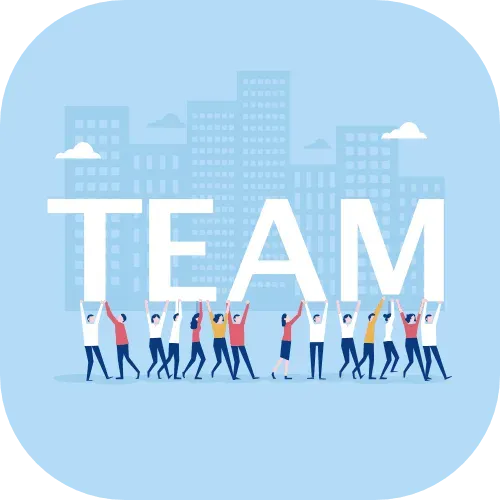 Comic in welchem viele Personen, das Wort Team in der Luft halten