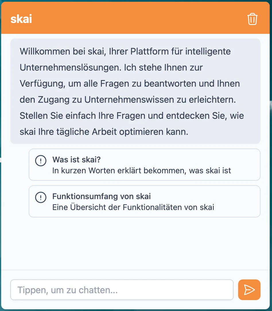 Der skai-Chatbot auf einer Webseite: Begrüßung mit klickbaren Sofortfragen als Schnelleinstieg