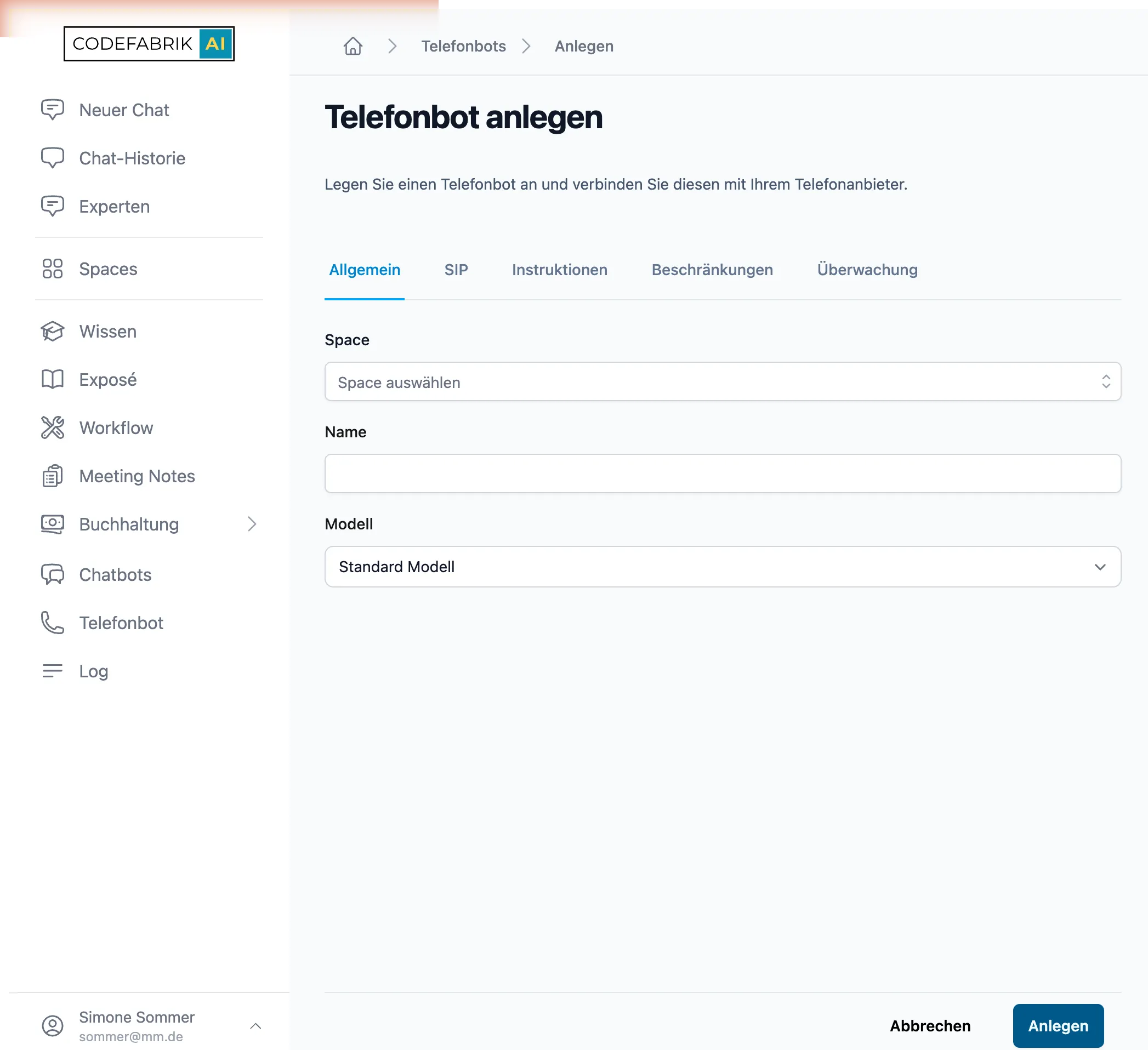 Einen Telefonbot anlegen: Space, Name und Modell – die SIP-Zugangsdaten folgen im nächsten Reiter