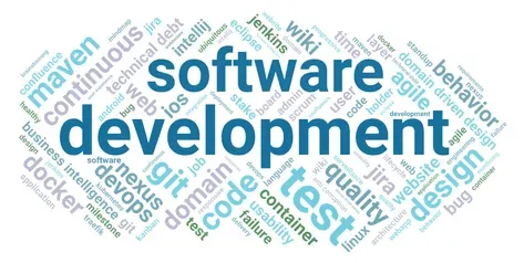 Abbildung einer Textwolke mit Begriffen aus der Softwareentwicklung