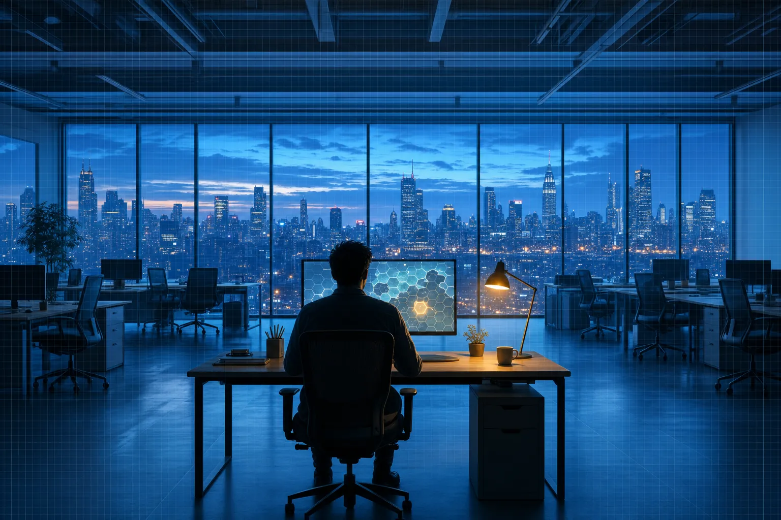 Ein leeres Großraumbüro am Abend, nur an einem Schreibtisch sitzt noch jemand als Silhouette vor dem leuchtenden Monitor; darauf eine Hex-Karte wie in einem Strategiespiel. Durch die Fensterfront dahinter die Skyline in der blauen Stunde.